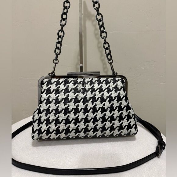 Houndstooth Woven Cowhide Push Lock Clutch/Shoulder Bag/Crossbody/Evening Bag - Picture 1 of 16